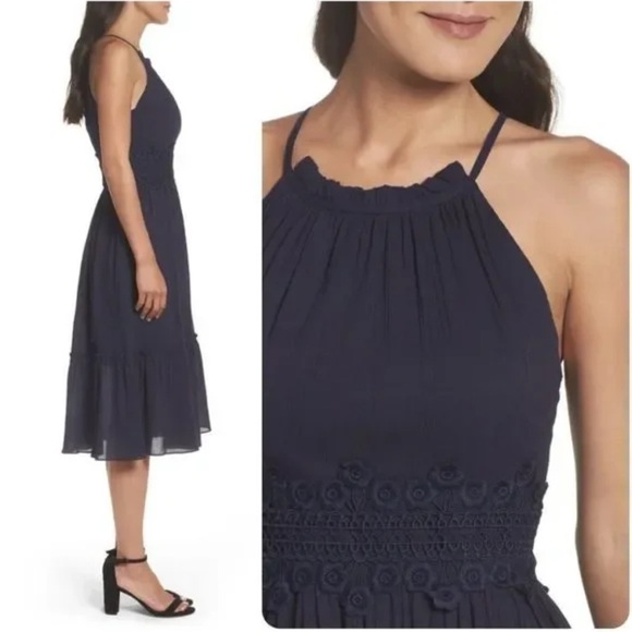 🆕 Eliza J Halter Embroidered Waist Midi Gauze Dress, Navy, Size 10 - Picture 1 of 16